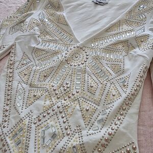 bebe White Long Sleeve Dress with Gold and Silver Embellishments